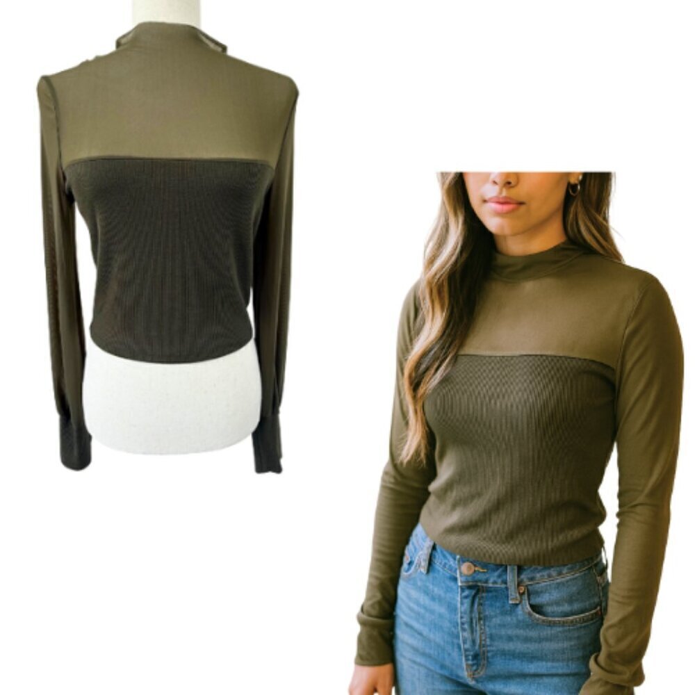HEART & HIPS Olive Long-Sleeve Mockneck Sheer Sleeve Knit Top Size M